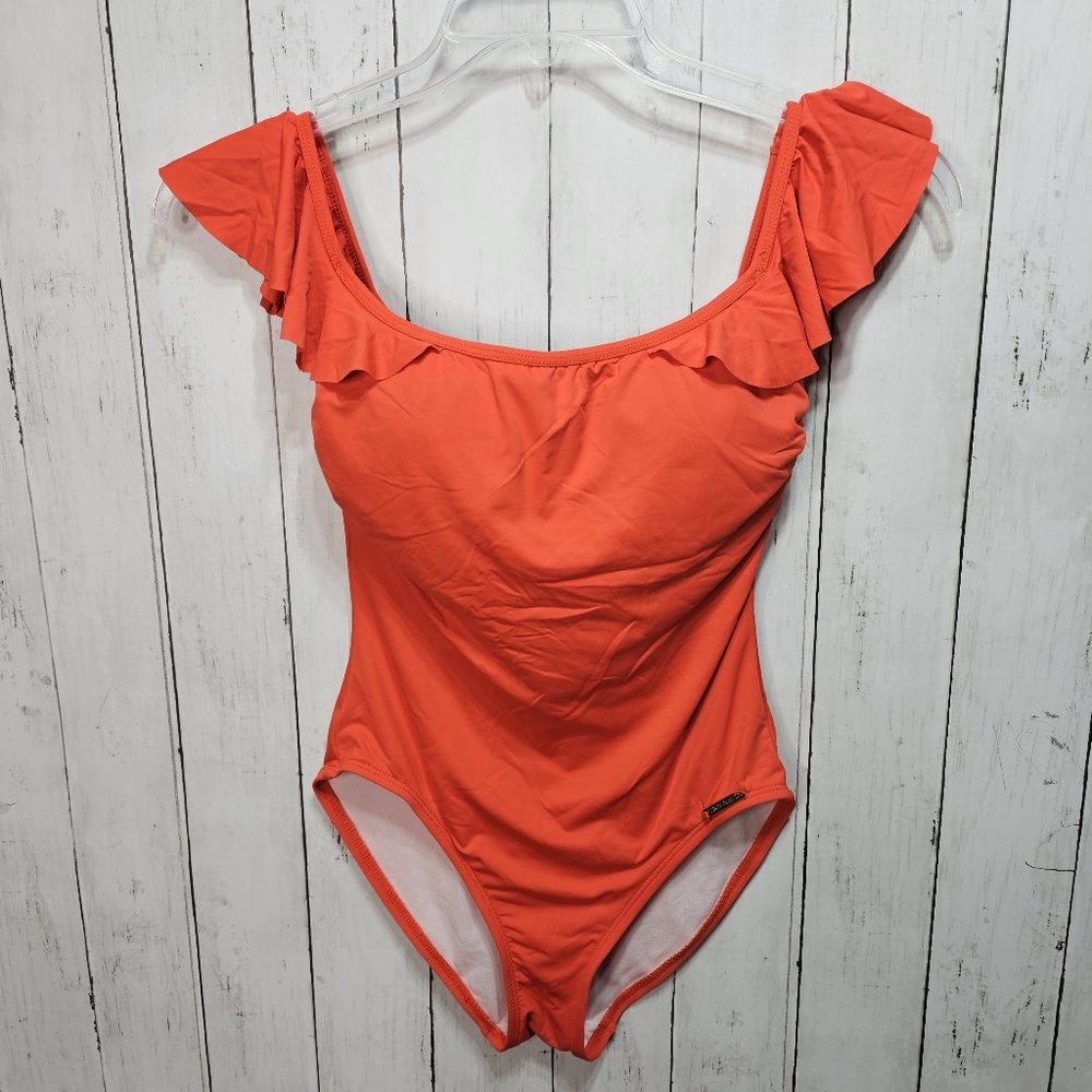 Vince Camuto Women's Orange One Piece Ruffle Sleeve Swimsuit Size 6. - Picture 1 of 6